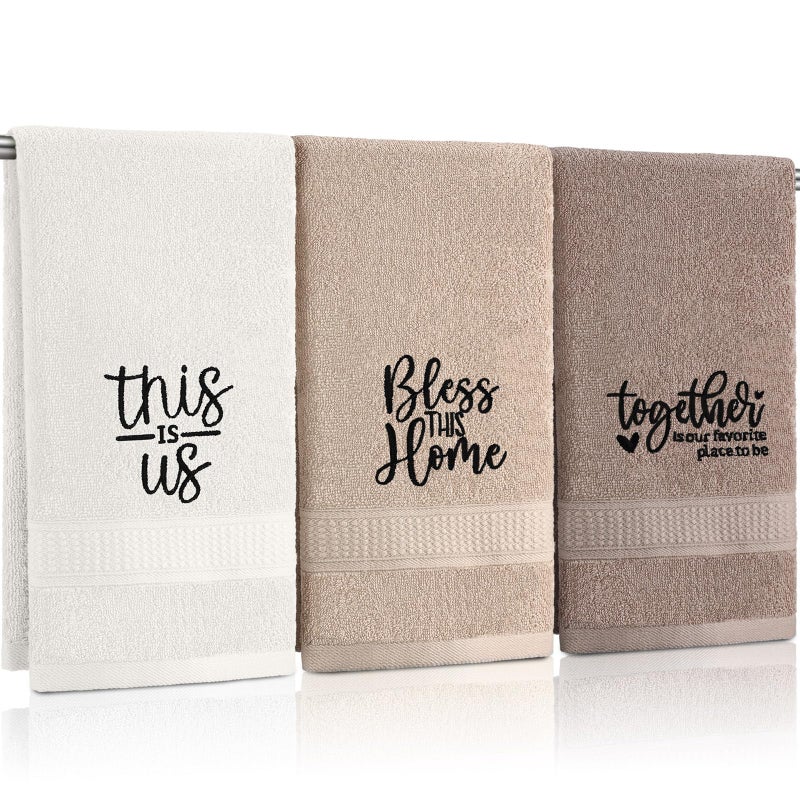 FuWeave 3 Pcs Farmhouse Decorative Hand Towels for Bathroom and Kitchen Rustic Embroidered 100% Cotton Hand Towels Decorative Set for Boho Bathroom Decor(Brown, Inspirational Language) - Image 1