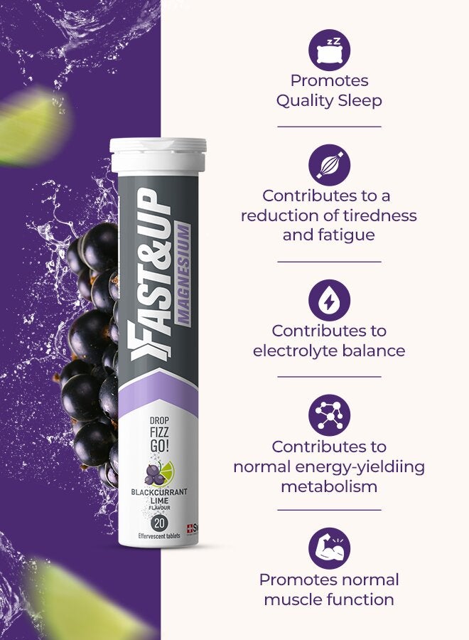 Fast&Up Magnesium Tablets For Tiredness & Fatigue Relief Blackcurrant & Lime Flavour 20'S