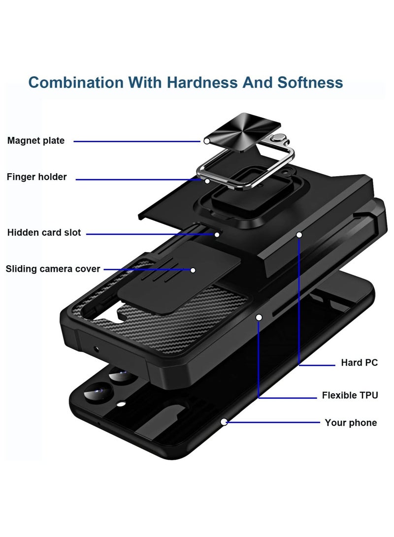 Arabest For Samsung Galaxy S23 Plus Case with Card Holder and Slide Camera Cover and 360° Rotate Ring Kickstand, rojarou for Sumsung S23 Plus Case Heavy Duty Protective Phone Case for S23 Plus Cover-Black - Image 5