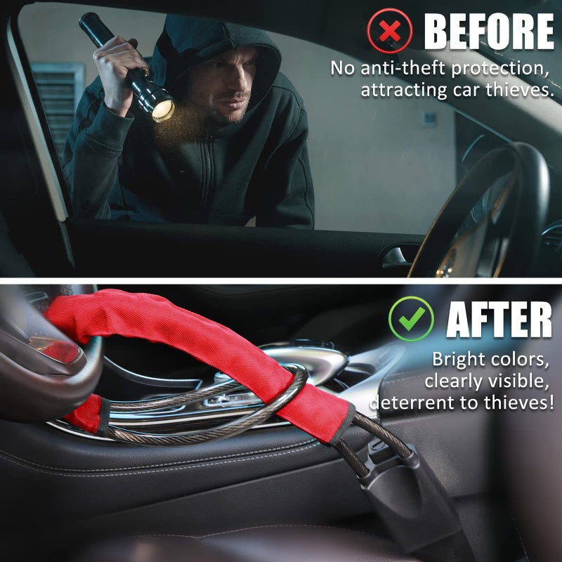 Tevlaphee Steering Wheel Lock, Steering Lock, Car Steering Wheel Locks, Steering Wheel to Seat Belt Lock, High Visibility Car Lock Anti-Theft Device, Heavy Duty, Universal Fit, 3Keys (Red) - Image 2