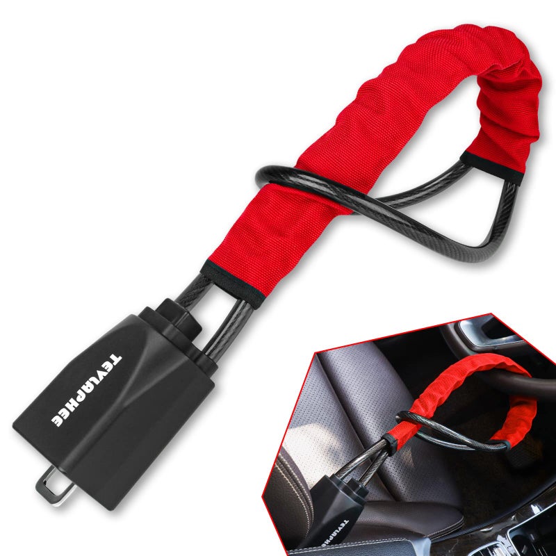 Tevlaphee Steering Wheel Lock, Steering Lock, Car Steering Wheel Locks, Steering Wheel to Seat Belt Lock, High Visibility Car Lock Anti-Theft Device, Heavy Duty, Universal Fit, 3Keys (Red) - Image 1