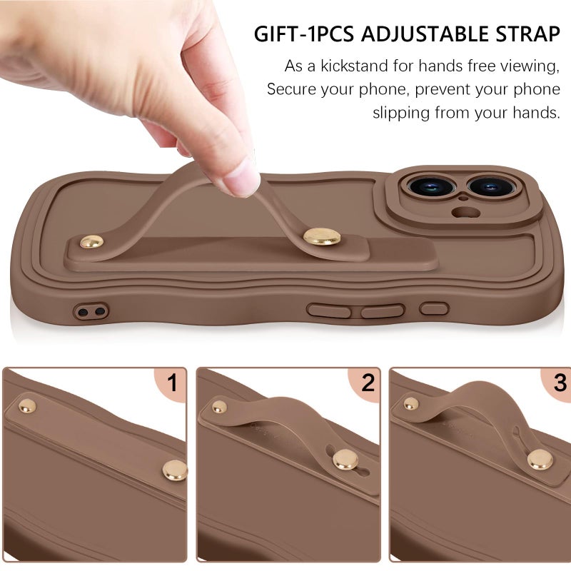 GUAGUA for iPhone 16 Case with Wrist Strap, iPhone 16 Wavy Phone Case, Cute Curly Wave Shape Design with Adjustable Wristband Kickstand Shockproof Anti Slip Phone Case for iPhone 16 6.1'', Brown - Image 2