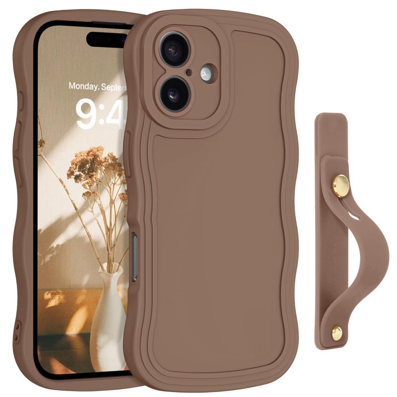 GUAGUA for iPhone 16 Case with Wrist Strap, iPhone 16 Wavy Phone Case, Cute Curly Wave Shape Design with Adjustable Wristband Kickstand Shockproof Anti Slip Phone Case for iPhone 16 6.1'', Brown - Image 1