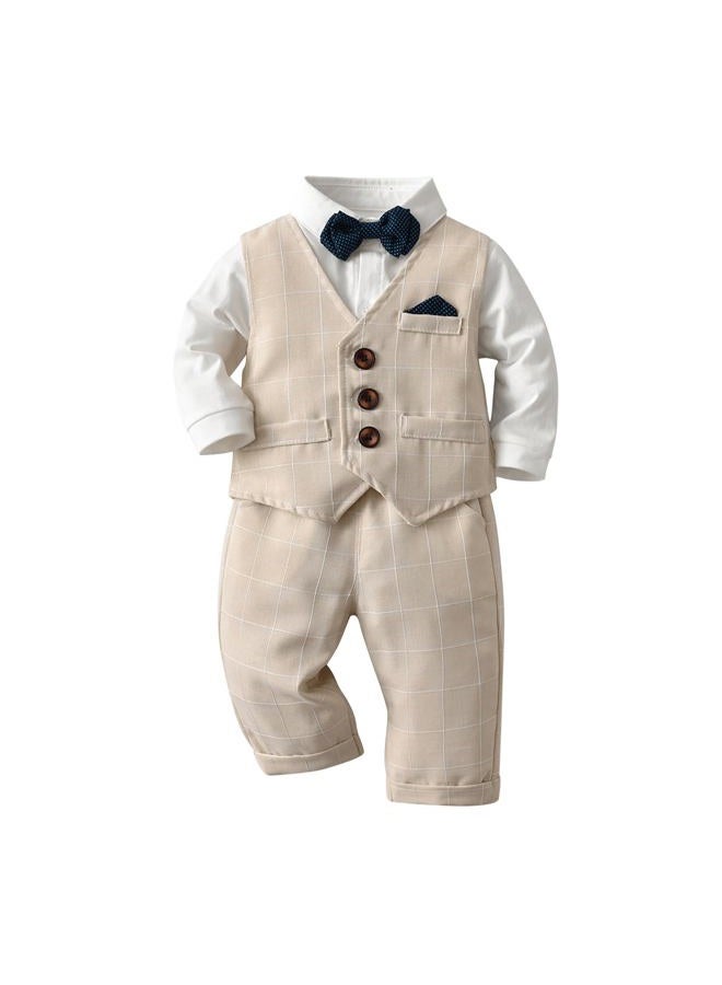Volunboy Baby Boy Suit Toddler Formal Outfit Kids 3 Piece Vest Gentleman Clothes Long Sleeve Shirt and Pants Set, Khakiplaid, 6-12 Months - Image 1