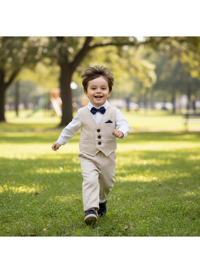 Volunboy Baby Boy Suit Toddler Formal Outfit Kids 3 Piece Vest Gentleman Clothes Long Sleeve Shirt and Pants Set, Khakiplaid, 6-12 Months - Image 2