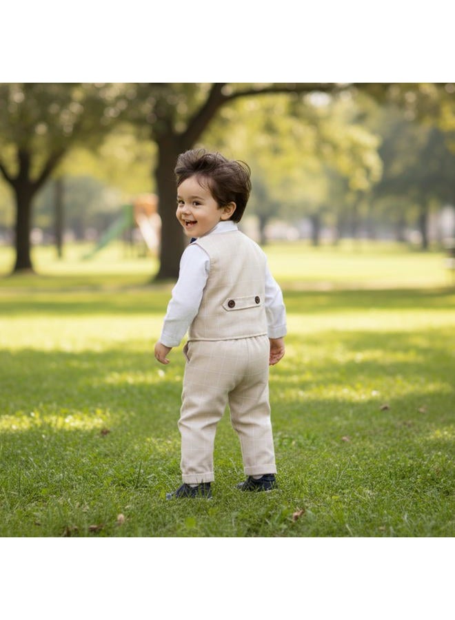 Volunboy Baby Boy Suit Toddler Formal Outfit Kids 3 Piece Vest Gentleman Clothes Long Sleeve Shirt and Pants Set, Khakiplaid, 6-12 Months - Image 3