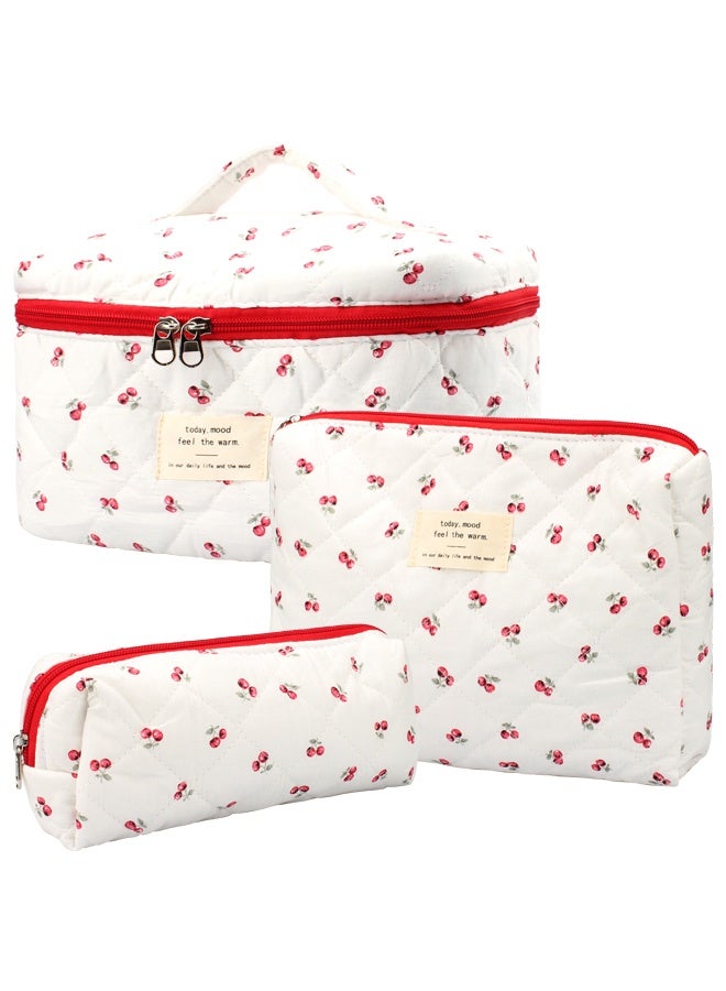 HOME-MART 3 Pack Quilted Cotton Makeup Bag Set, Cherry Travel Cosmetic Organizer with Toiletry Pouch, Portable Beauty Storage for Women Girls - Mothers Day Birthday Gifts