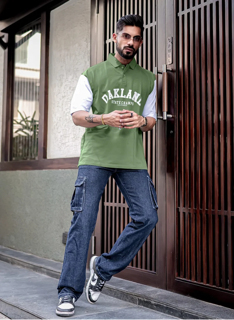 Maniac Maniac Mens Printed Polo Neck Half Sleeve Hunter Green and White Cotton Oversized T-Shirt