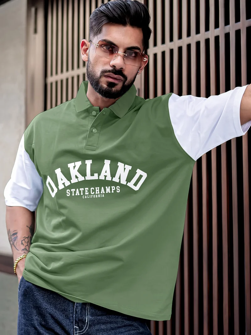 مانياك تيشيرت مانياك رجالي قطن مطبوع oversized أخضر هنتر وأبيض