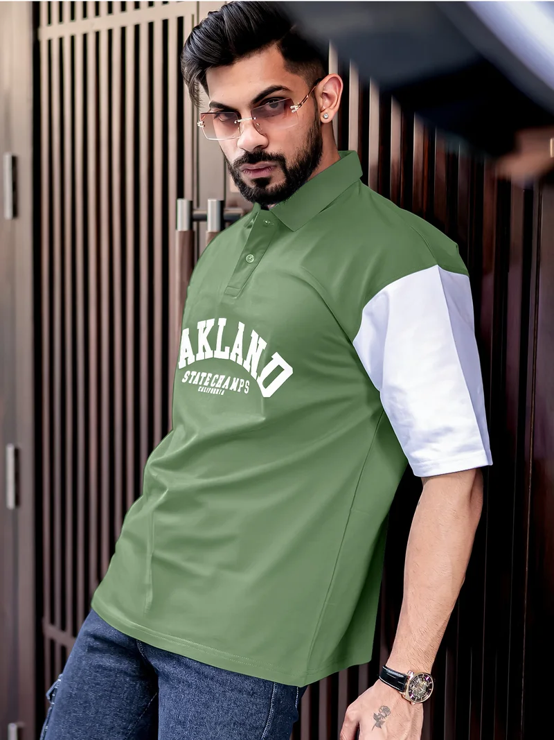 مانياك تيشيرت مانياك رجالي قطن مطبوع oversized أخضر هنتر وأبيض