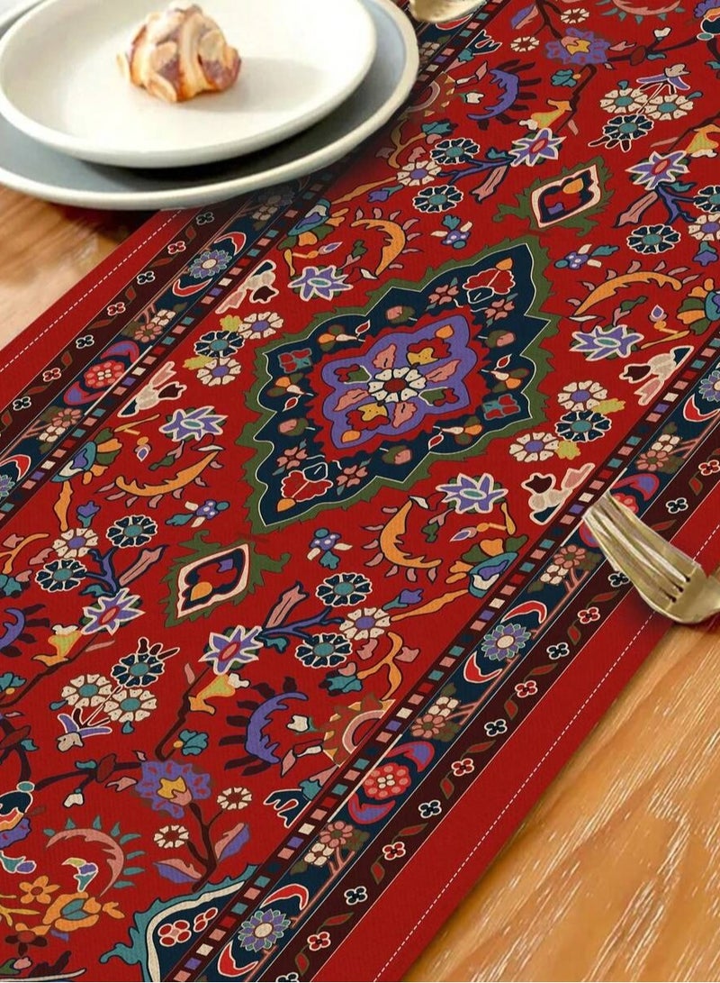 زينة رمضان مفرش طاولة رمضان بتصميم شرقي تراثي بوهيمي مزخرف بألوان غنية لتزيين مائدة الطعام والمطبخ والصالة للاستخدام الداخلي والخارجي مقاس 33×90 سم - Image 3