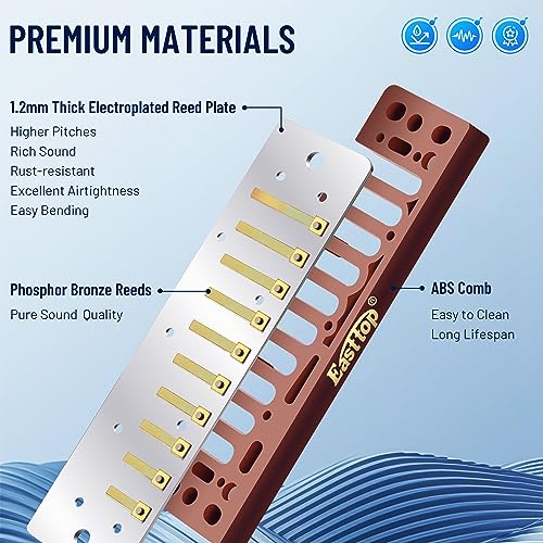 East top Diatonic Harmonica Key of A, 10 Holes 20 Tones 008K Diatonic Mouth Organ Harmonica with Blue Case,Standard Harmonica For Adults, Professionals and Students - Image 3