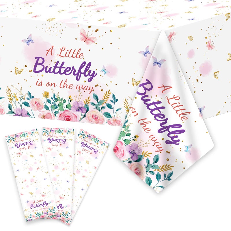 OBUSATT 3Pcs Butterfly Baby Shower Tablecloth Supplies A Little Butterfly is On The Way Baby Girl Party Disposable Plastic Table Cover Pink Floral Princess Girl Party Decoration - Image 2