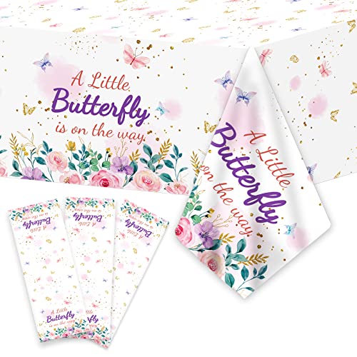 OBUSATT 3Pcs Butterfly Baby Shower Tablecloth Supplies A Little Butterfly is On The Way Baby Girl Party Disposable Plastic Table Cover Pink Floral Princess Girl Party Decoration - Image 1
