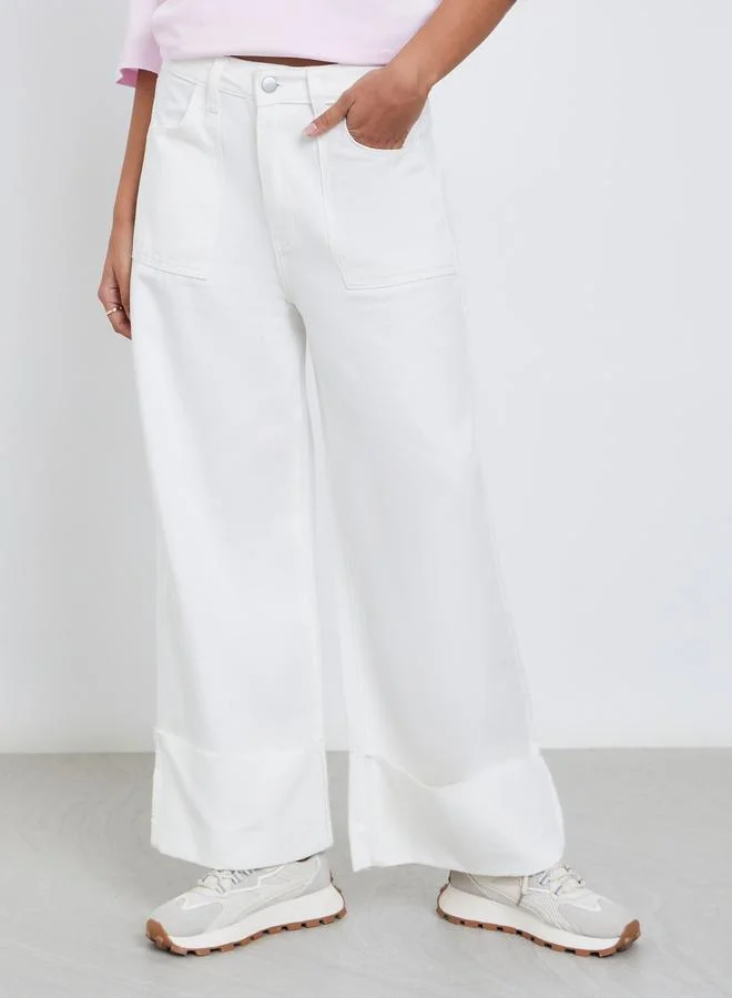 Styli High Rise Wide Leg Jeans with Fold-Up Hem