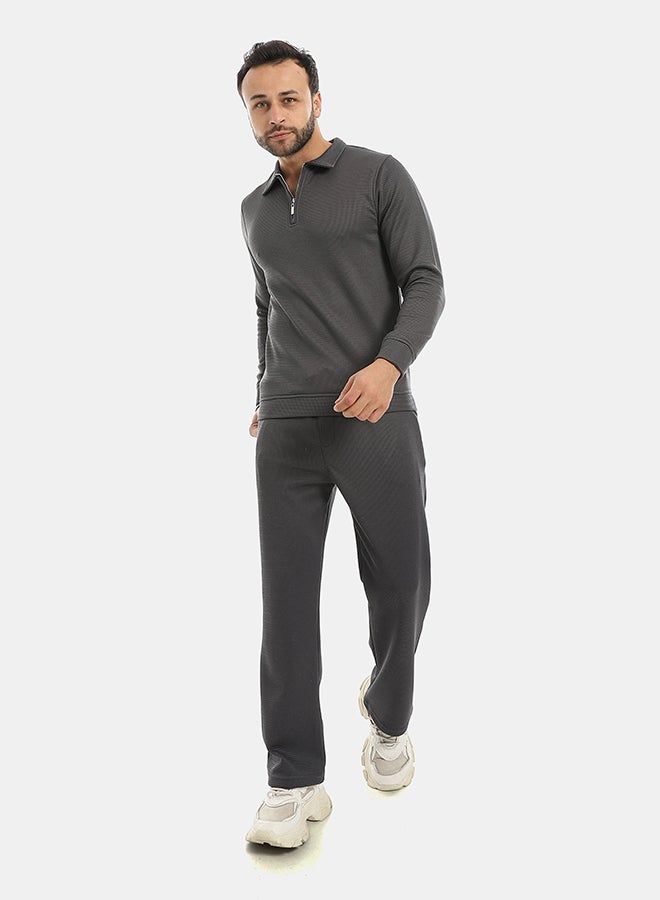 Andora Self Patterened Long Sleeves Half Zipper Closure Sweatshirt-Dark Grey - Image 5