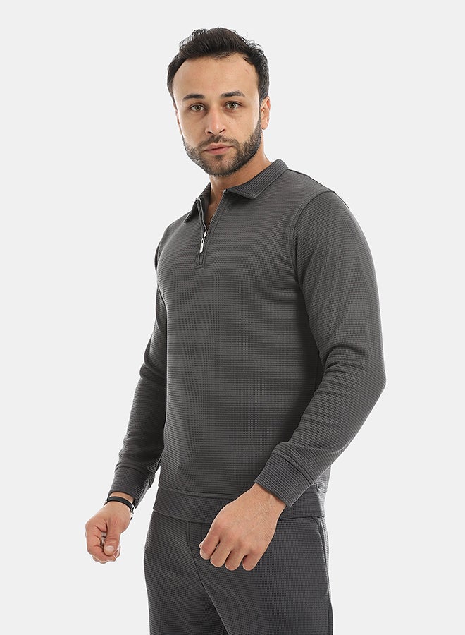 Andora Self Patterened Long Sleeves Half Zipper Closure Sweatshirt-Dark Grey - Image 2