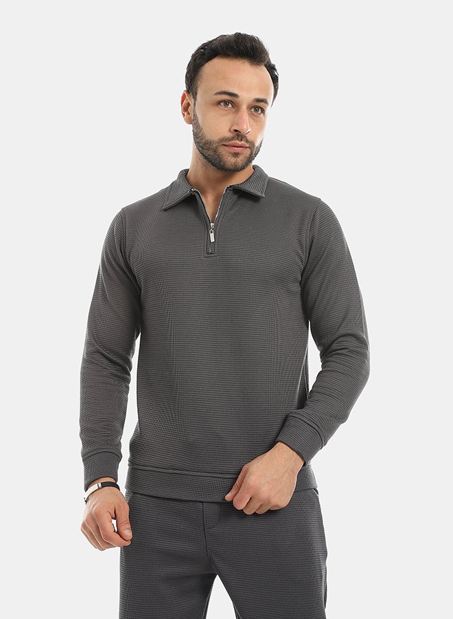 Andora Self Patterened Long Sleeves Half Zipper Closure Sweatshirt-Dark Grey - Image 1