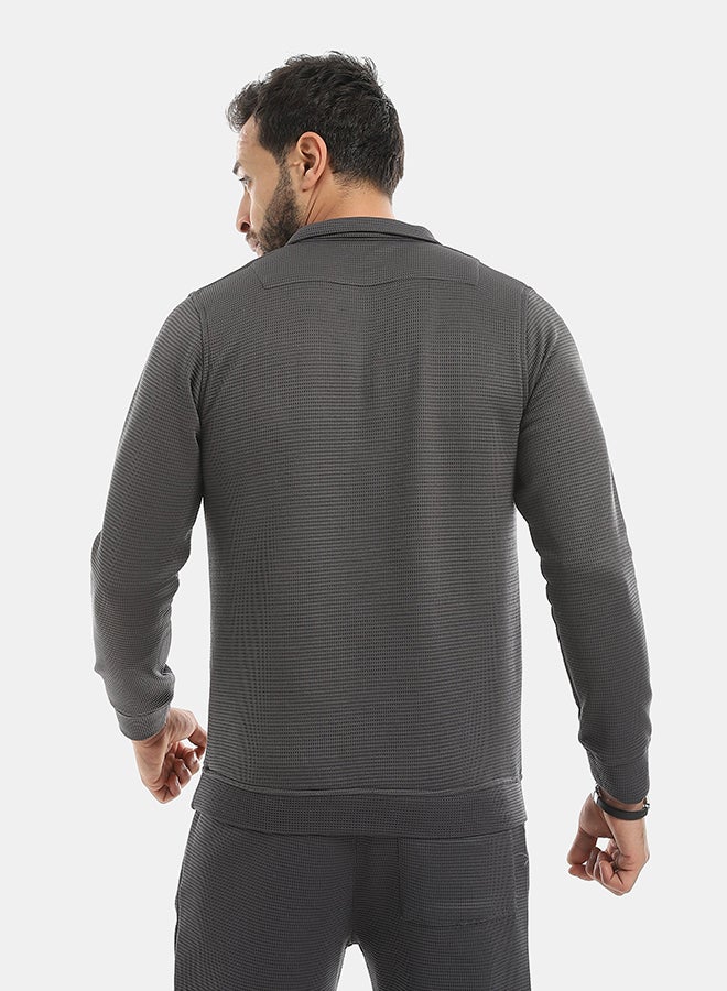 Andora Self Patterened Long Sleeves Half Zipper Closure Sweatshirt-Dark Grey - Image 3