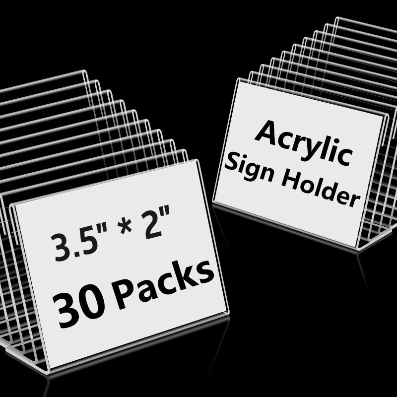 Daletu 30 PCS Small Acrylic Sign Holder 3.5" x 2", Mini Acrylic Food Sign Labels for Party Buffet, Retail Price Display Holder, Clear Plastic Table Counter Top Stand for Place Cards, Name Card, Wedding Signs - Image 1