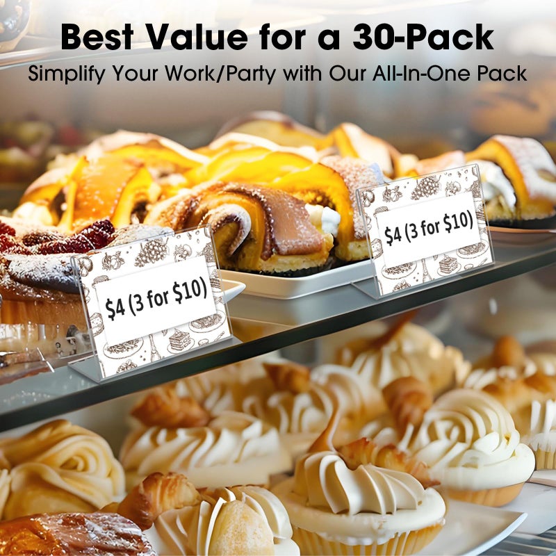 Daletu 30 PCS Small Acrylic Sign Holder 3.5" x 2", Mini Acrylic Food Sign Labels for Party Buffet, Retail Price Display Holder, Clear Plastic Table Counter Top Stand for Place Cards, Name Card, Wedding Signs - Image 4