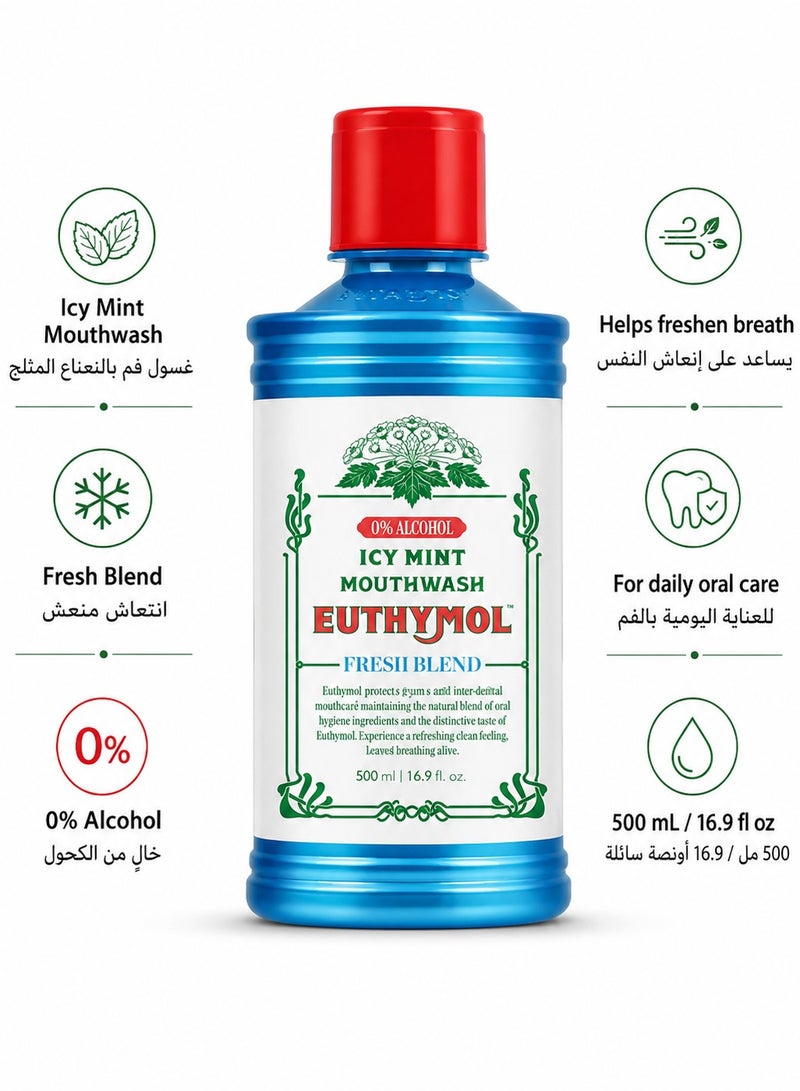 Euthymol Mouthwash ICY Mint 500ml, Contains Fluoride, Alcohol-Free, Distinctive Strong Taste Flavour, Reduce Plaque Gingival Clean Healthy Teeth Gums, Freshens Breath Refreshing Daily Oral Dental Care - Image 1