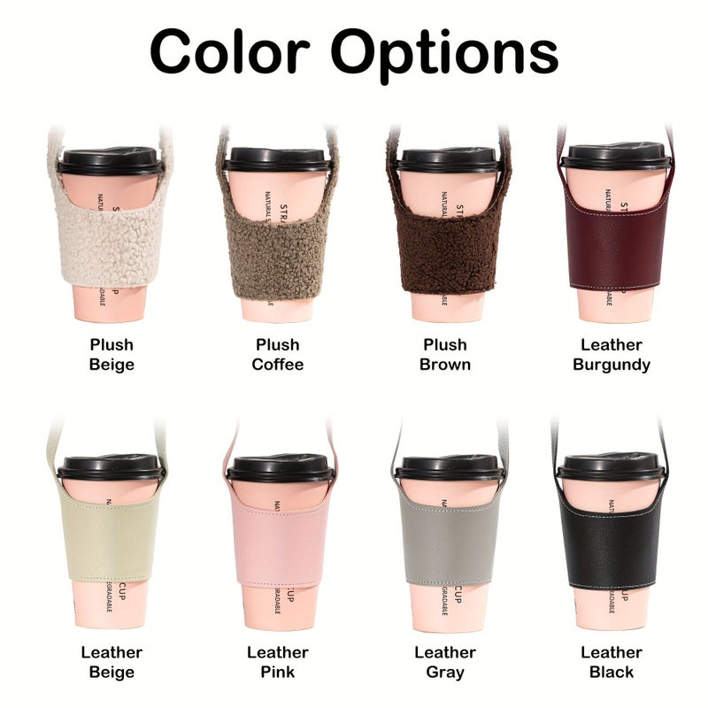 Personalized Leather Beige Cup Sleeve Portable Water Bottle Holder With Strap - Image 1
