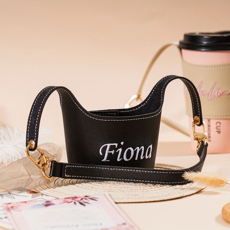 Personalized Leather Beige Cup Sleeve Portable Water Bottle Holder With Strap - Image 2