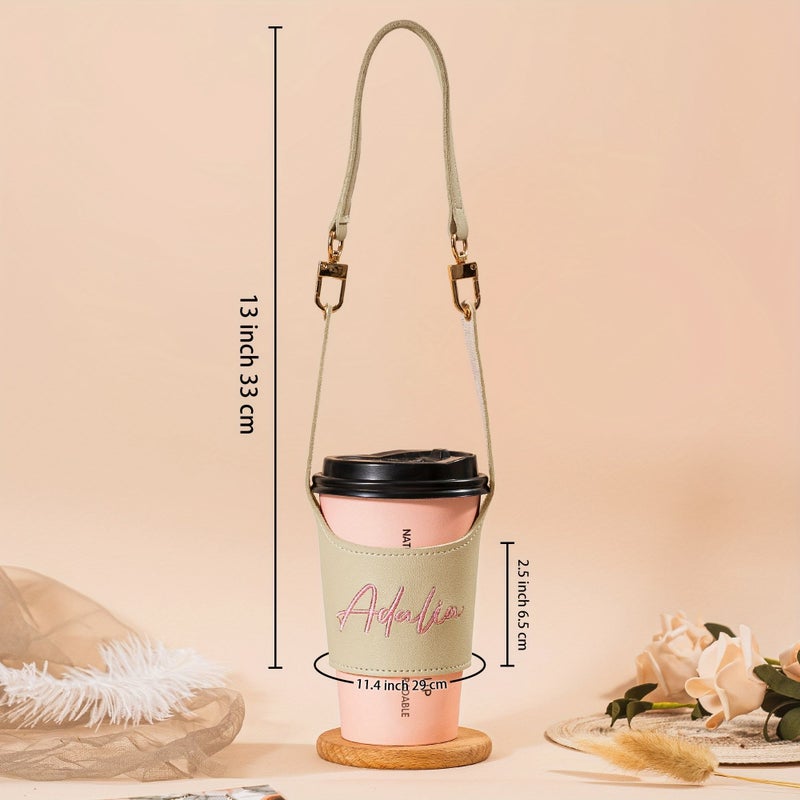 Personalized Leather Beige Cup Sleeve Portable Water Bottle Holder With Strap - Image 4