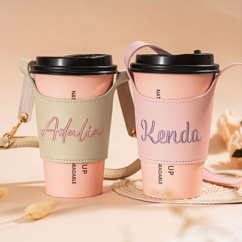Personalized Leather Beige Cup Sleeve Portable Water Bottle Holder With Strap - Image 3