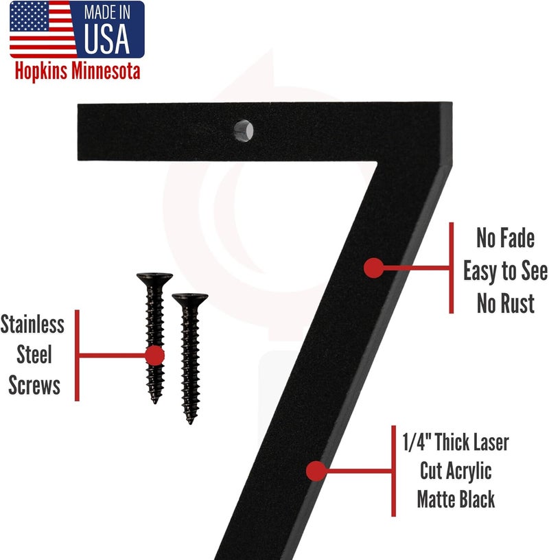 Discovered Designs 6" (7) Modern Address House Numbers for Outside - Easy to Install 3D Matte Black Acrylic Individual Numbers for Address on House, Weatherproof No Rust, Made in USA, Includes 2 - 3/4" Screws, Door Mailbox Number Home Address Number - Image 4