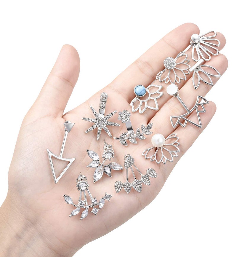 Tornito 12 Pairs Lotus Flower Earring Studs Chic CZ Earrings Jackets For Wome Silver Tone - Image 4