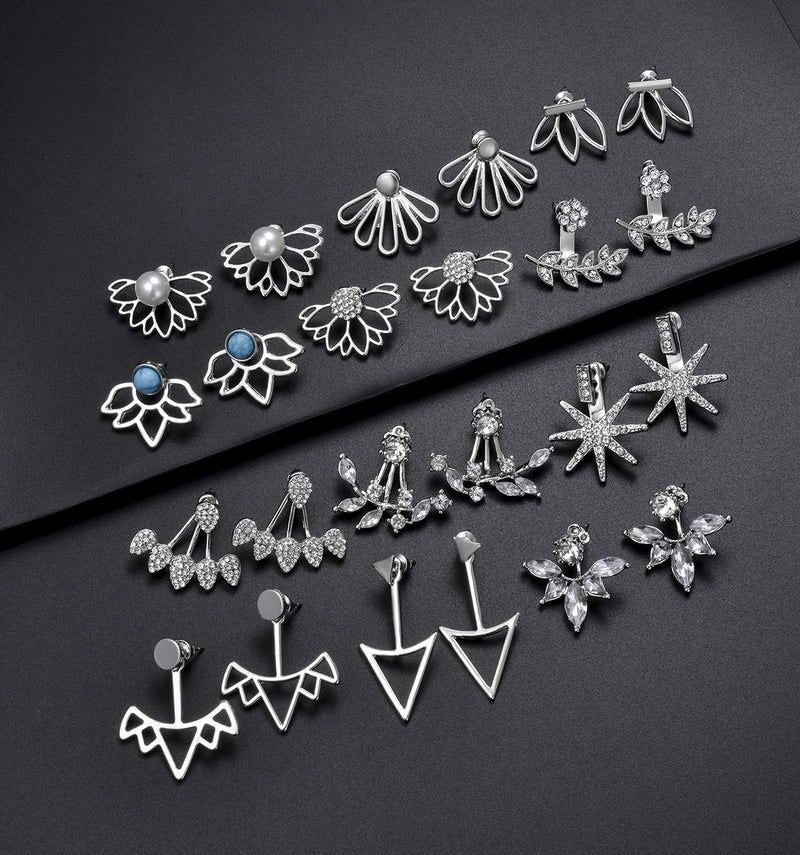 Tornito 12 Pairs Lotus Flower Earring Studs Chic CZ Earrings Jackets For Wome Silver Tone - Image 3