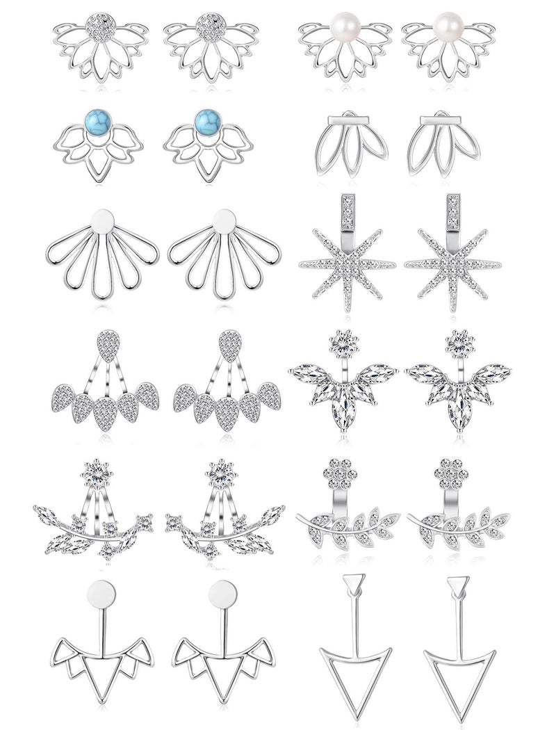 Tornito 12 Pairs Lotus Flower Earring Studs Chic CZ Earrings Jackets For Wome Silver Tone - Image 1