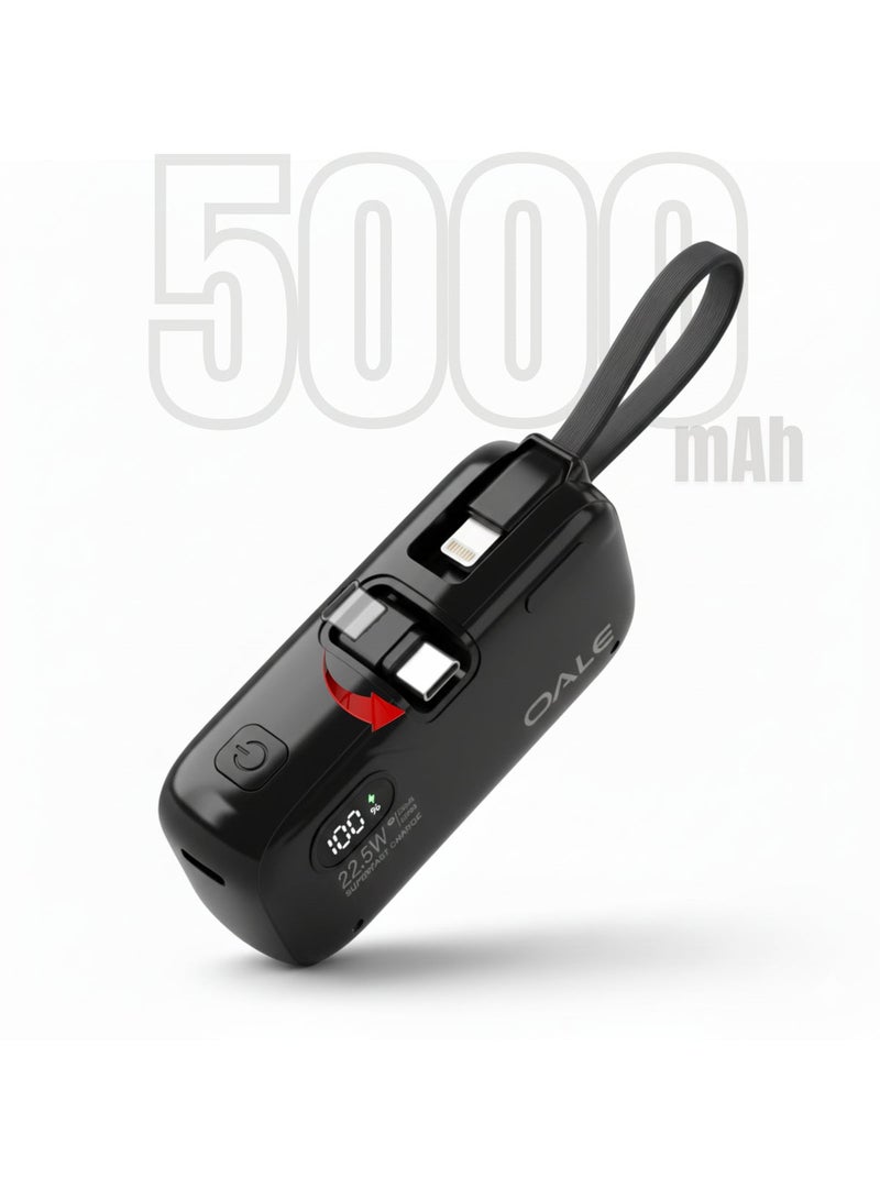 Oale 5000mAh Mini Power Bank 22.5W Fast Charging, Built-in Back Stand, Type-C & Lightning Ports, Ultra-Slim Pocket Size Portable Charger, Fast Power Bank Compatible with iPhone, Samsung, Android Devices | Black - Image 1