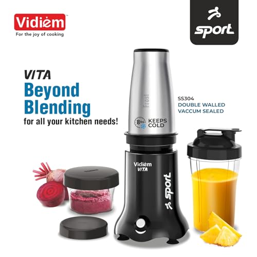 Vidiem VITA Sport 500 W Personal Blender/Mixer/Grinder/Smoothie Maker | 22000 RPM Aria CoolTec Motor | 3 Jars (600 ml SS Flask, 500 ml + 250 ml jar) For Gym/Travel/Kitchen Needs | 3 Year Warranty - Image 2
