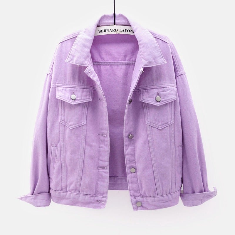 Spring Fall Colorful Plus-Size Denim Jacket Womens Loose Fit Casual BF Style Purple 