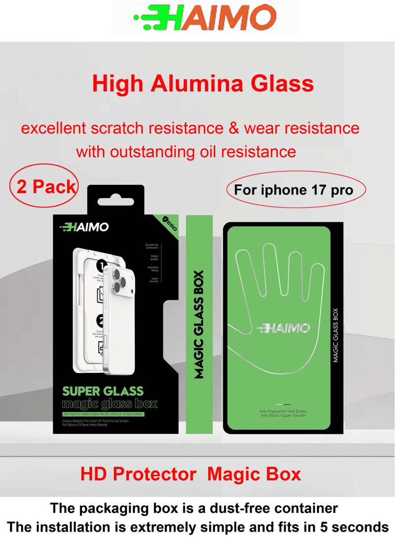 Haimo 2-pack Easy-to-install high-quality mobile phone screen protector for iphone 17 pro Super Glass Magic Box HD Screen Protector, High-Aluminum Glass, Oil-Resistant, Fingerprint-Proof, Scratch-Resistant, Wear-Resistant with Rounded Edges for Comfortable Grip for iphone 17 pro，Extremely simple installation and use - Image 1