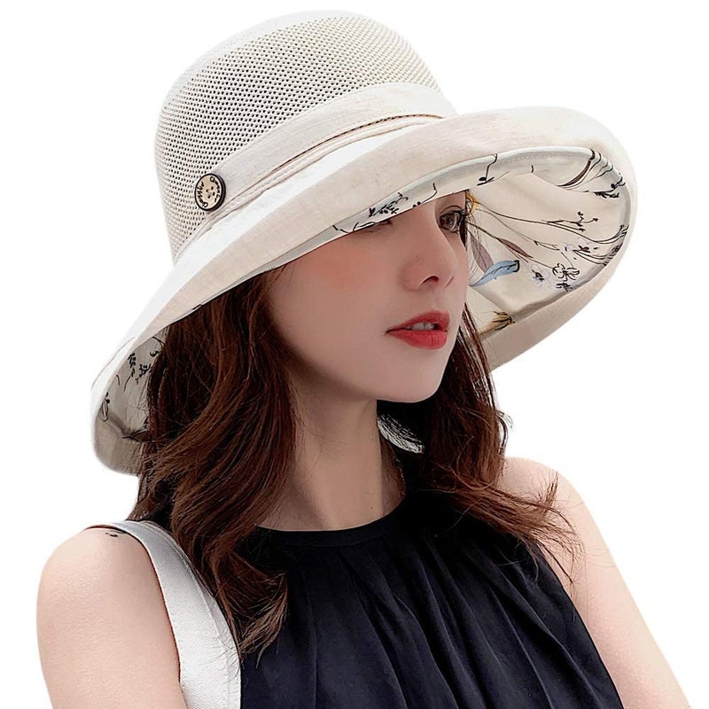UTOWO Summer-Mesh-Sun-Hats-for-Women-UV- Protection-Wide-Brim Packable-Bucket-Hats Foldable-Beach-Hat Beige - Image 2