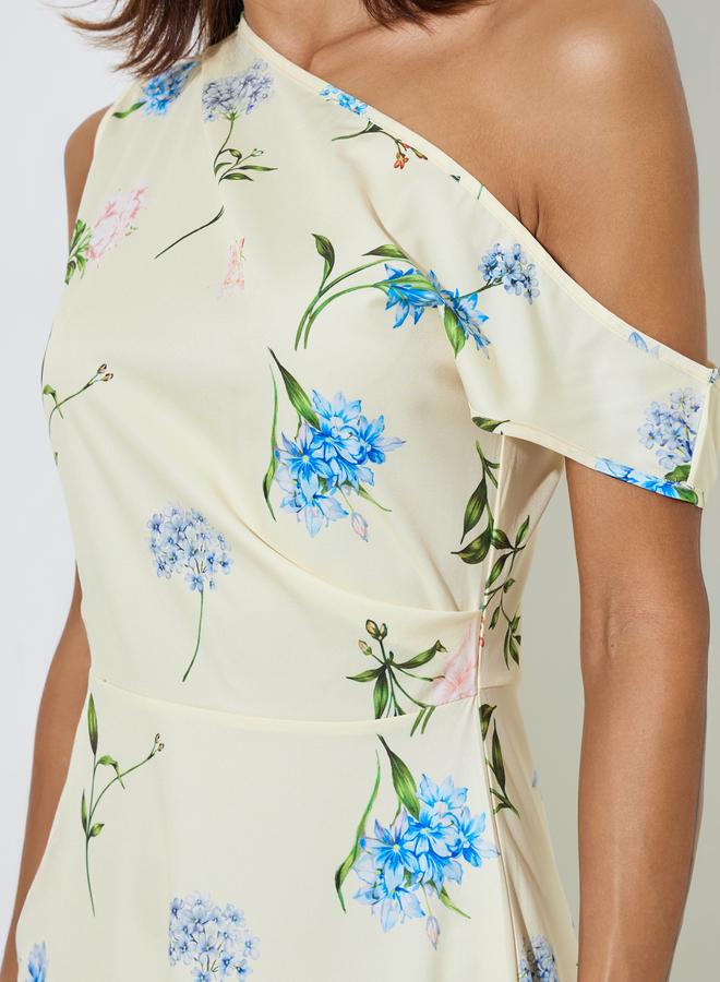 Styli Yellow Floral Print One-Shoulder A-Line Maxi Dress - Image 4