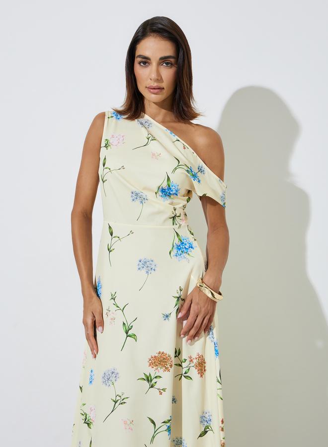Styli Yellow Floral Print One-Shoulder A-Line Maxi Dress - Image 2