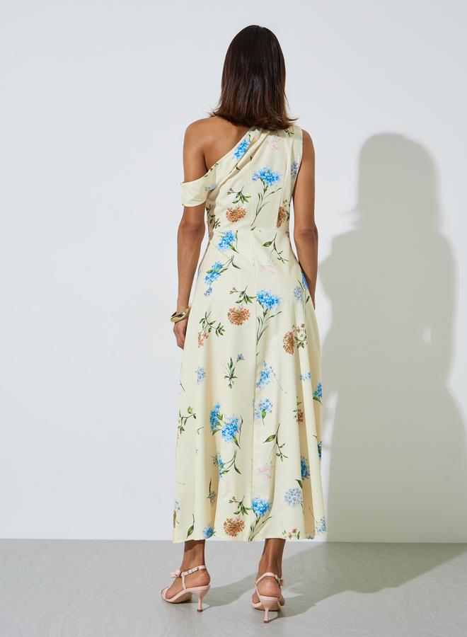 Styli Yellow Floral Print One-Shoulder A-Line Maxi Dress - Image 3