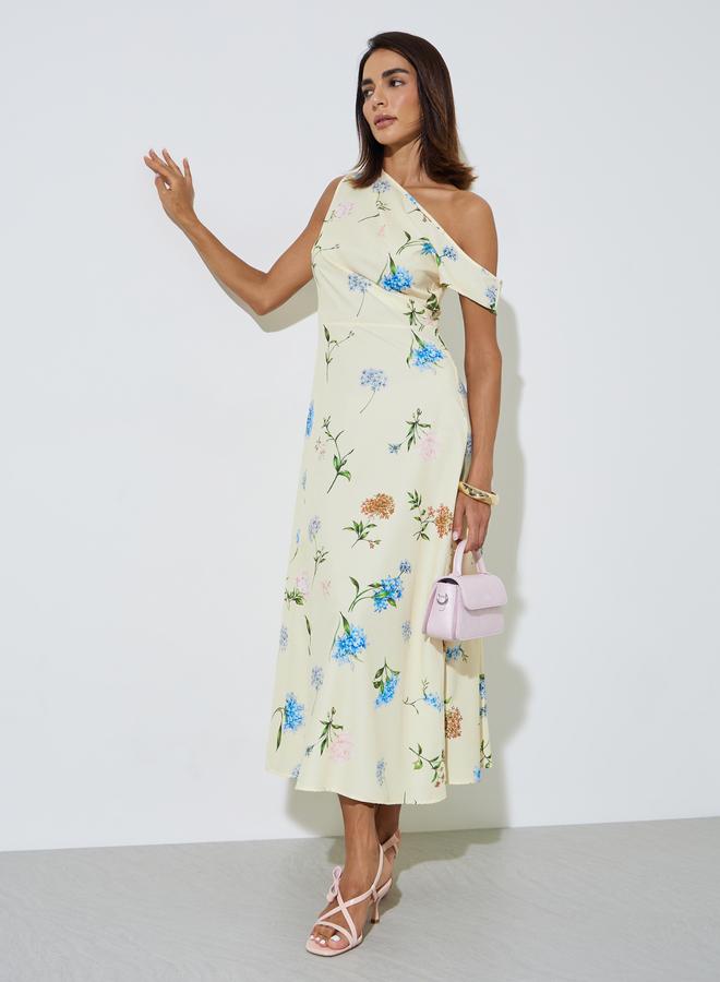 Styli Yellow Floral Print One-Shoulder A-Line Maxi Dress - Image 1
