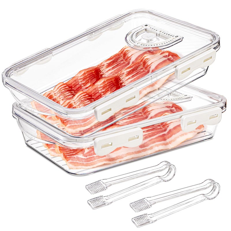 Okllen 2 Pack Bacon Container for Refrigerator, Plastic Cheese & Deli Meat Container with Air-sealed Tight Lids for Fridge, Bacon Keeper with Food Serving Tongs Cold Cuts Food Storage Organizer - Image 1