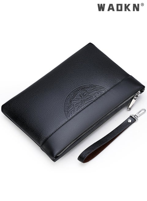 Mens Clutch Bag Leather Wallet, Totem Embossed Printing Clutch Bag Super Slim Anti-theft Minimalist Textured Large Leather Wallet Card Case Gift for Male Big Capacity Long Wallet Phone Bag Black
