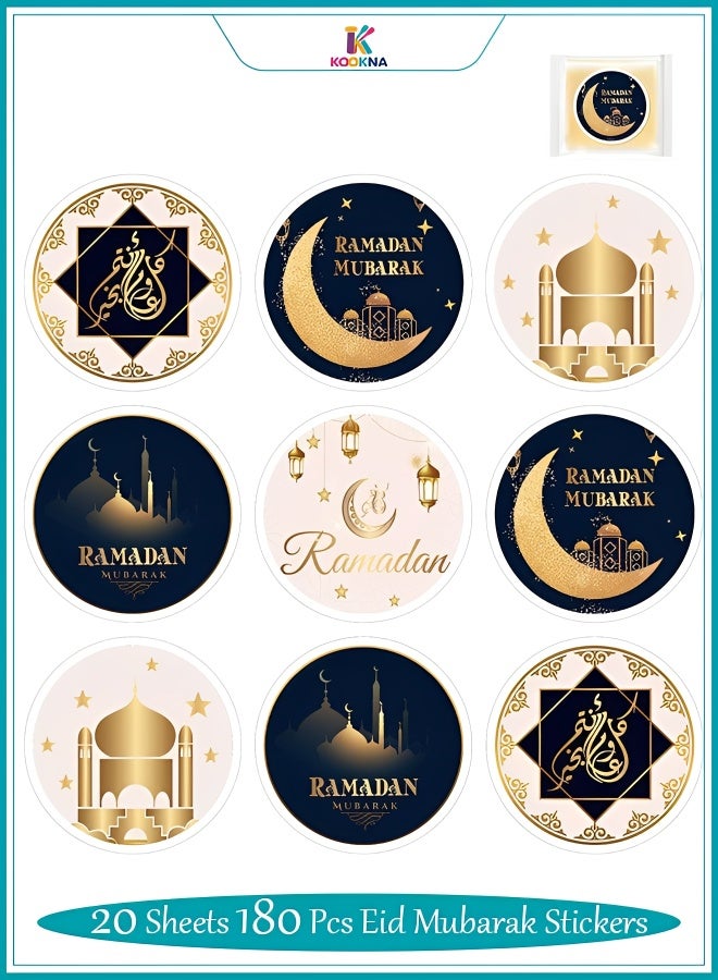 KOOKNA Ramadan Kareem Stickers Eid Mubarak Stickers, Black Gold Ramadan Party Decorations Labels, 180 Pcs (20 Sheets) - Image 1