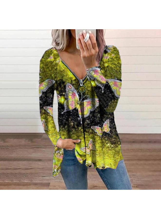 Europe And The United States New V-neck Women's Spring And Autumn Zipper Pullover Printed Loose Women's Long Sleeve Women's Clothing 