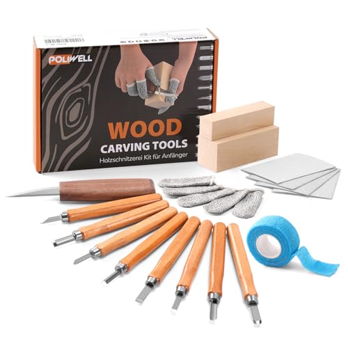 POLIWELL Wood Carving Tools Kit for Beginners 23pcs Hand Carving Knife Set Craft Engraving Supplies Include All-Purpose Cutting Knife and with Cut Resistant Gloves for Kids Adults Woodcrafts DIY - Image 1