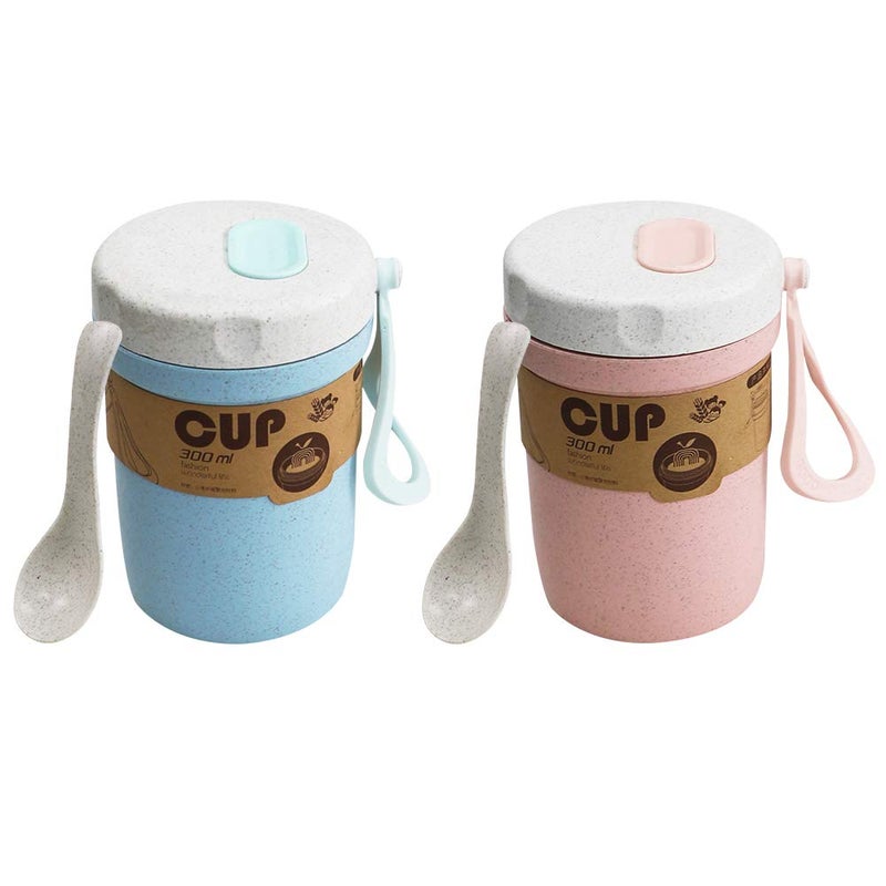 LZYMSZ 2PCS Wheat Straw Soup Cup 300ml Portable Microwaveable Breakfast Cup 2 Colors Porridge Lunch Box with Spoon for Office Outdoor Travel Blue and Pink