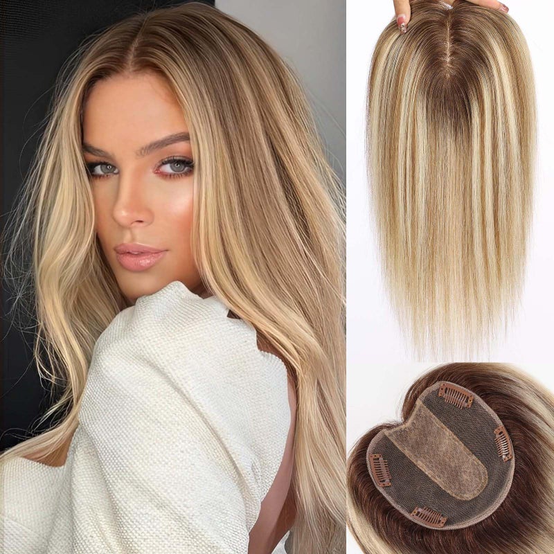 starluck 5x5 inch Lage Silk Base 14 Inch Real Human Hair Toppers60 Gram 100 Real Human Hair Toppers for Women with thinning hairlossBlonde Mixed Warm Brown with Dark Brown Roots No Bangs